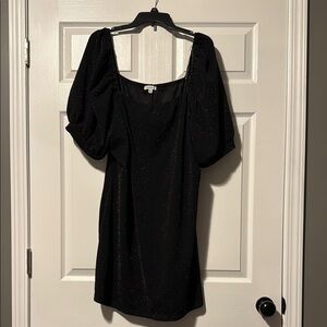 Black Square Neck Puff Sleeve Cocktail Dress